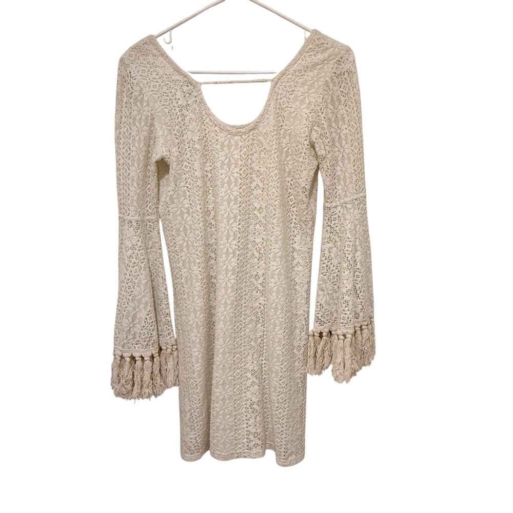 Crochet Knit Mini Dress Bell Sleeves And Tassle Fringe XS Boho Festival Retro